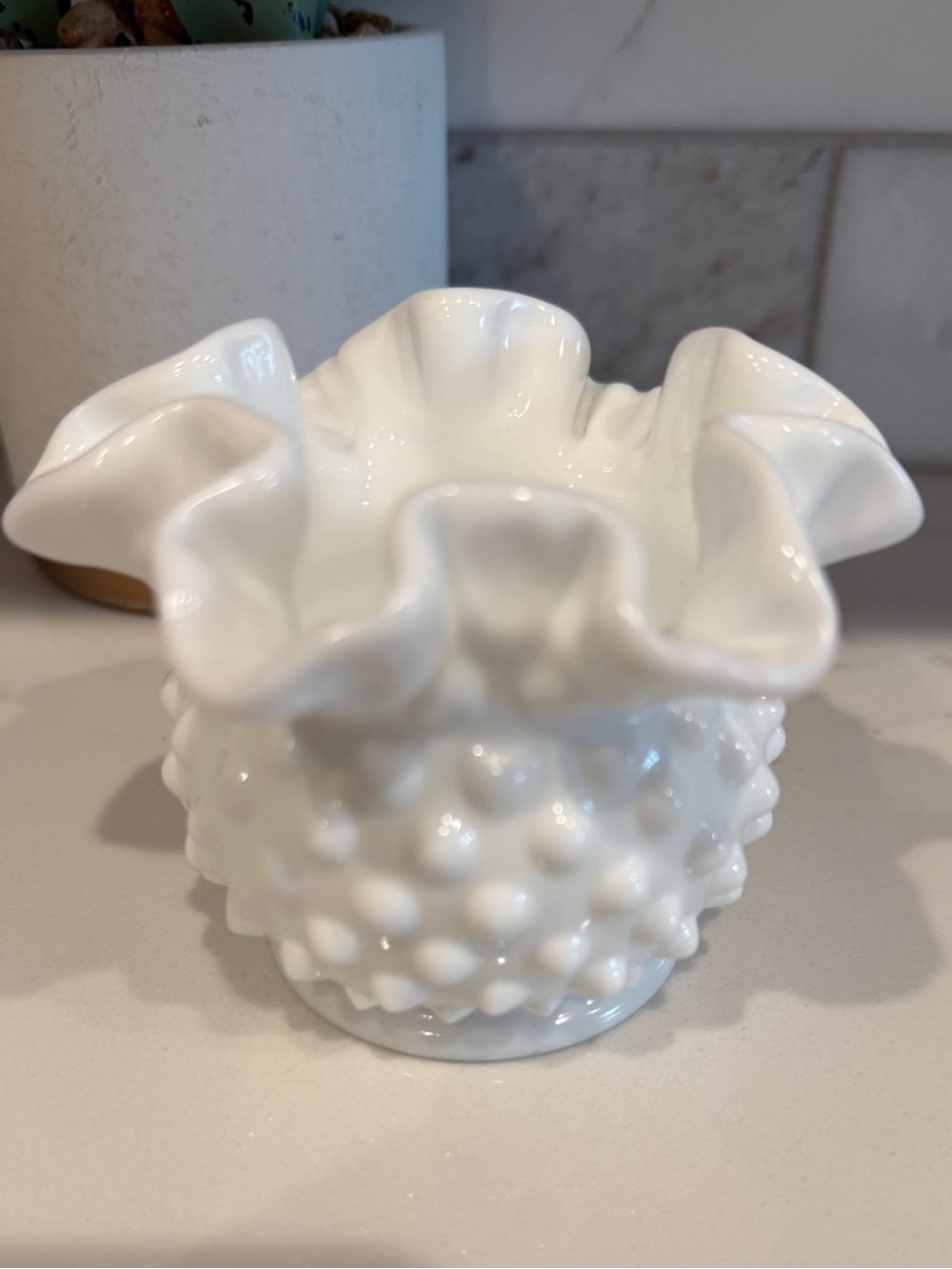 Vintage Fenton hobnail crimped ruffled dish ! great for a succulent, q tips